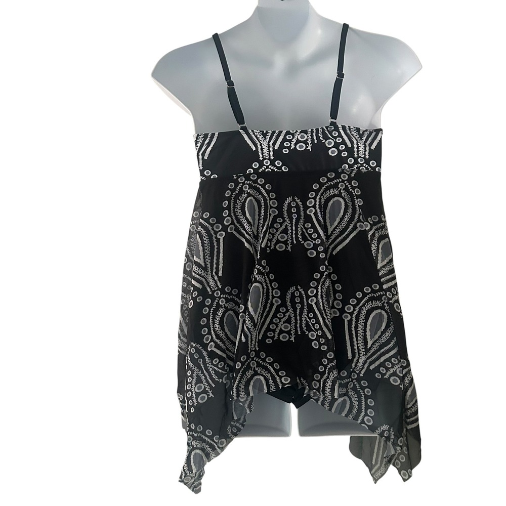 Womens Black Abstract Mesh Flowy Padded Adjustable Strap Swimsuit Dress 2XL NWOT - Picture 6 of 8